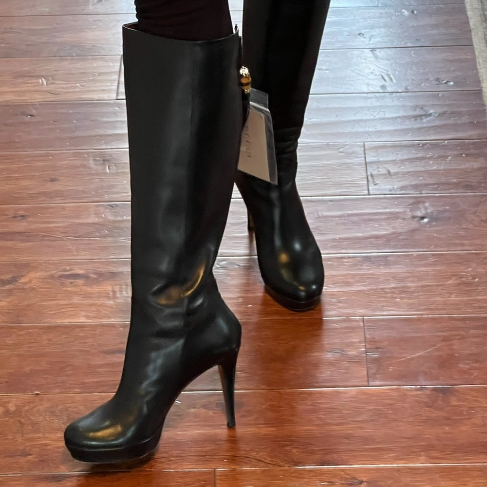 Gucci Knee High Tassel Boot EU 37 US 7Black Leather High Heel Platform - Picture 6 of 16